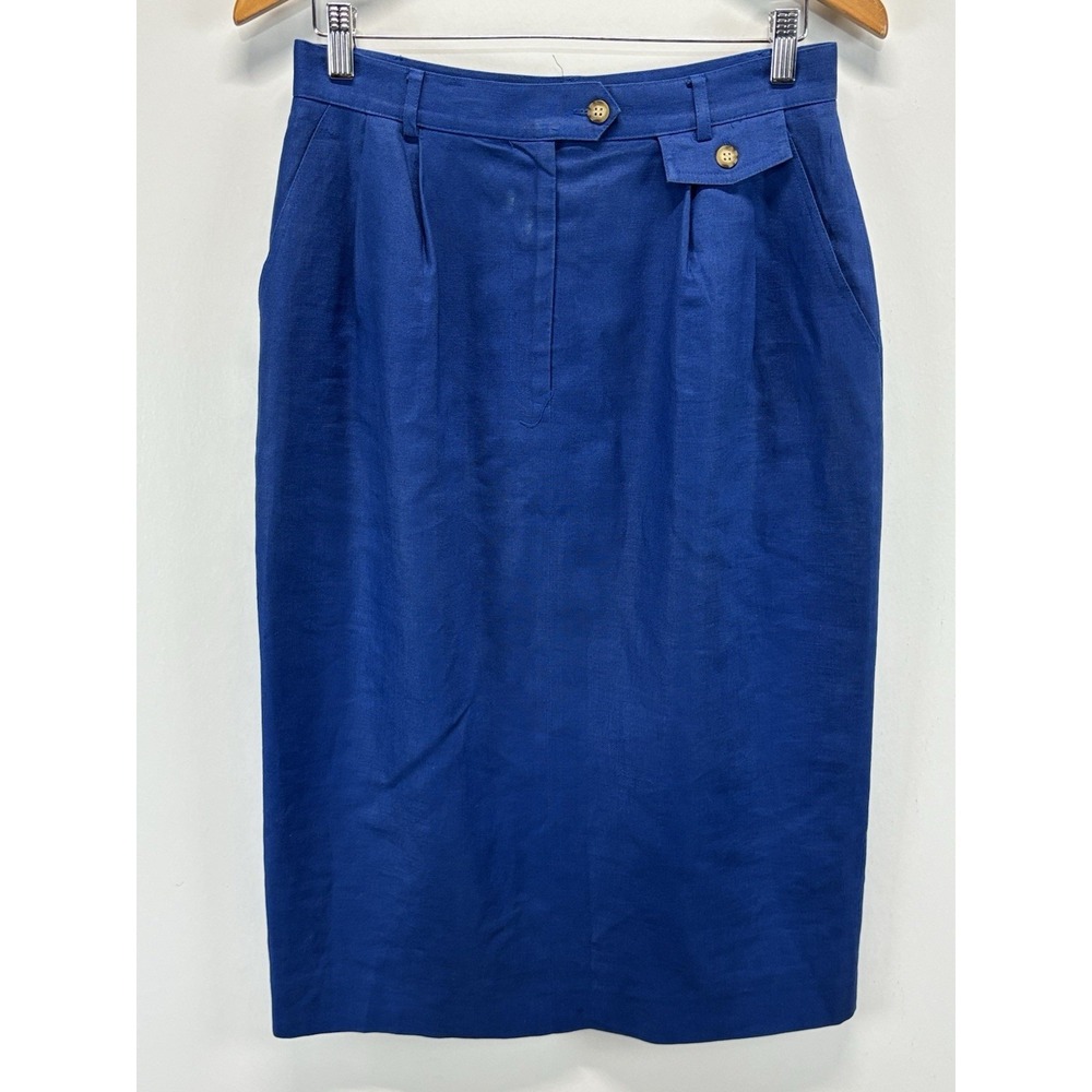 Vtg Talbots 100% Linen Midi Skirt Womens 12 Blue Lined Pockets 90s Coastal Retro